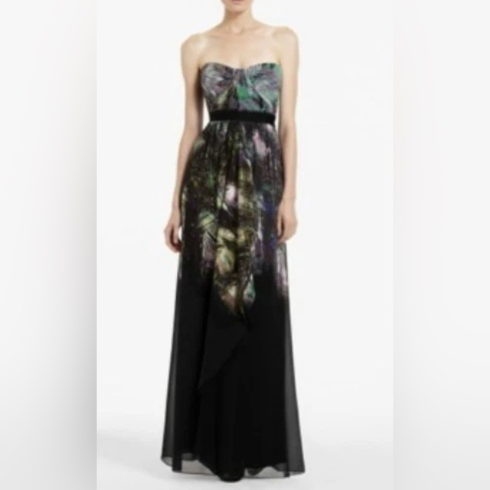 BCBGMAXAZRIA | BLACK MULTI COLORED TAE PRINTED STRAPLESS GOWN SIZE 2
